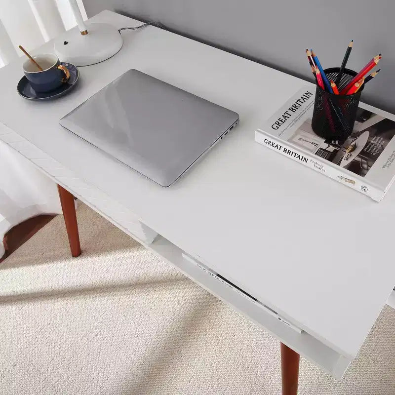 Scrivania per computer da 43 pollici, piccolo tavolo da scrittura per ufficio - Scrivania da lavoro moderna e semplice con cassetto e scomparto aperto, bianca per camera da letto di casa 13