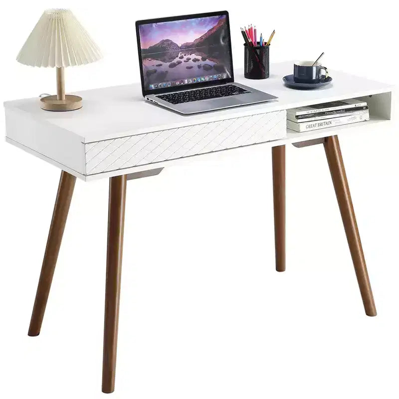 Scrivania per computer da 43 pollici, piccolo tavolo da scrittura per ufficio - Scrivania da lavoro moderna e semplice con cassetto e scomparto aperto, bianca per camera da letto di casa 15