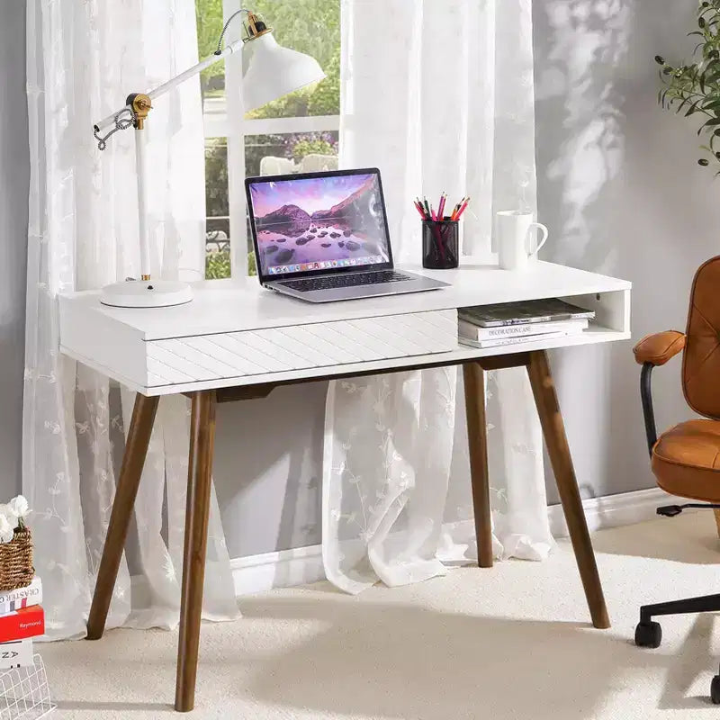 Scrivania per computer da 43 pollici, piccolo tavolo da scrittura per ufficio - Scrivania da lavoro moderna e semplice con cassetto e scomparto aperto, bianca per camera da letto di casa 8