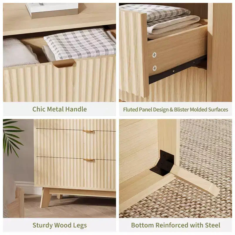 3 Drawer Dressers, Modern Fluted Closet Dressers Chest of Drawers, Wood Storage Dresser Chest of Drawers Organizer 3