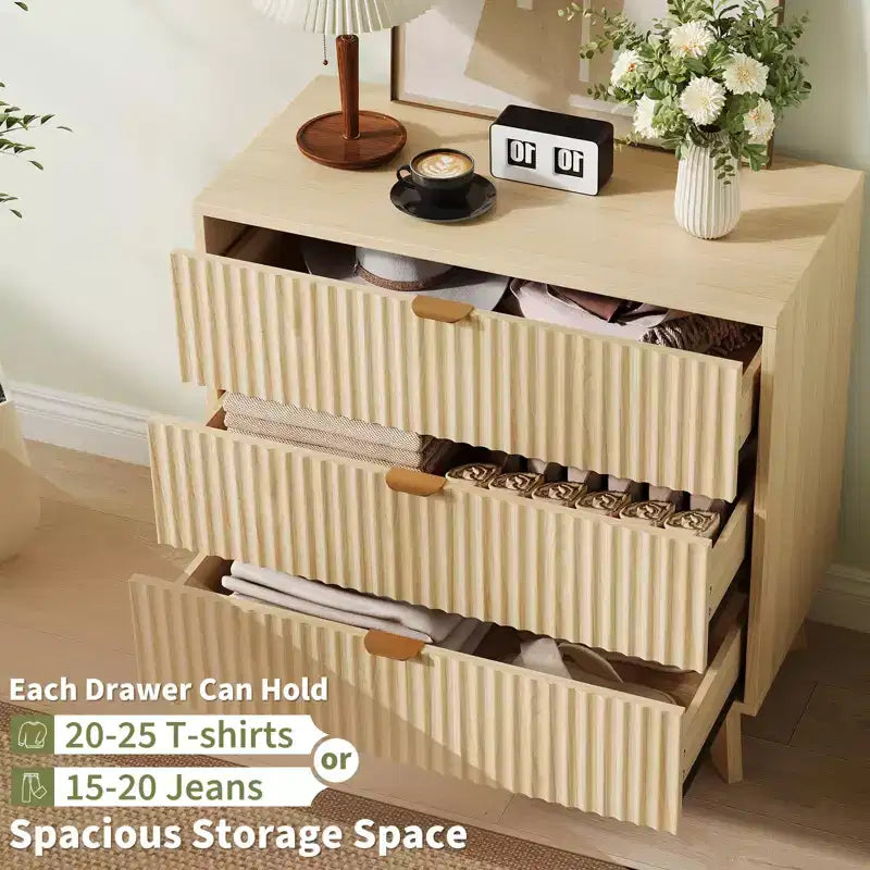 3 Drawer Dressers, Modern Fluted Closet Dressers Chest of Drawers, Wood Storage Dresser Chest of Drawers Organizer 5