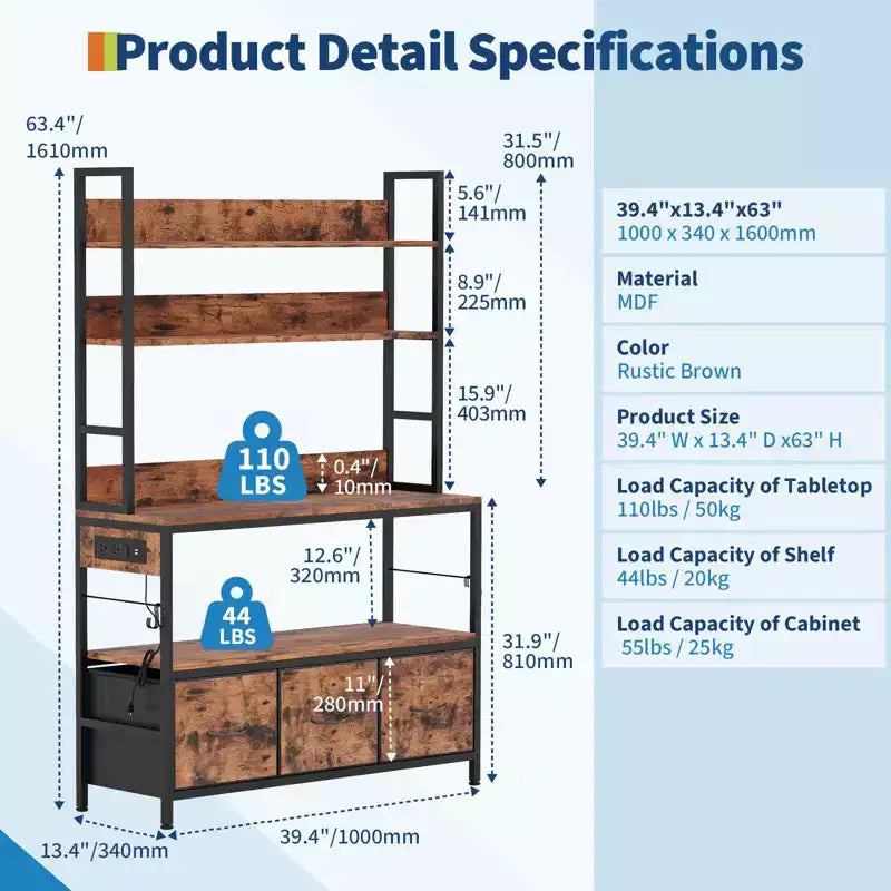 5-Tier Kitchen Bakers Rack with Charging Station & Drawers, Utility Shelves with Hooks for Kitchen, Independent baker's rack for Dining Room, Office 3