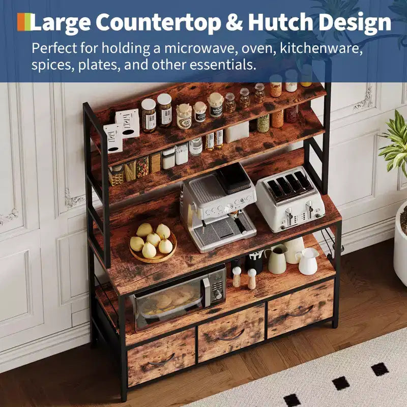 5-Tier Kitchen Bakers Rack with Charging Station & Drawers, Utility Shelves with Hooks for Kitchen, Independent baker's rack for Dining Room, Office 4