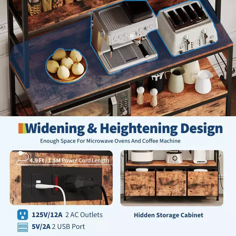 5-Tier Kitchen Bakers Rack with Charging Station & Drawers, Utility Shelves with Hooks for Kitchen, Independent baker's rack for Dining Room, Office 5