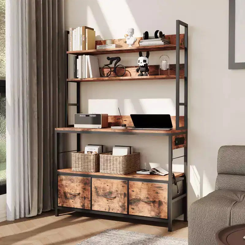 5-Tier Kitchen Bakers Rack with Charging Station & Drawers, Utility Shelves with Hooks for Kitchen, Independent baker's rack for Dining Room, Office 6