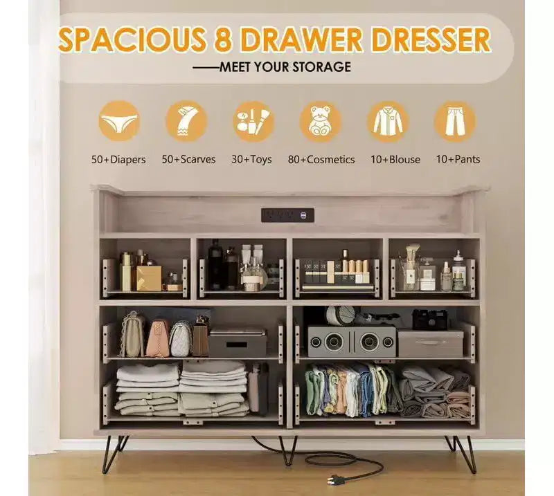 8-Drawer Dresser TV Stand with Charging Station - Black Storage Entertainment Center for Bedroom & Living Room 10