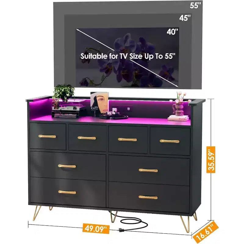 8-Drawer Dresser TV Stand with Charging Station - Black Storage Entertainment Center for Bedroom & Living Room 15