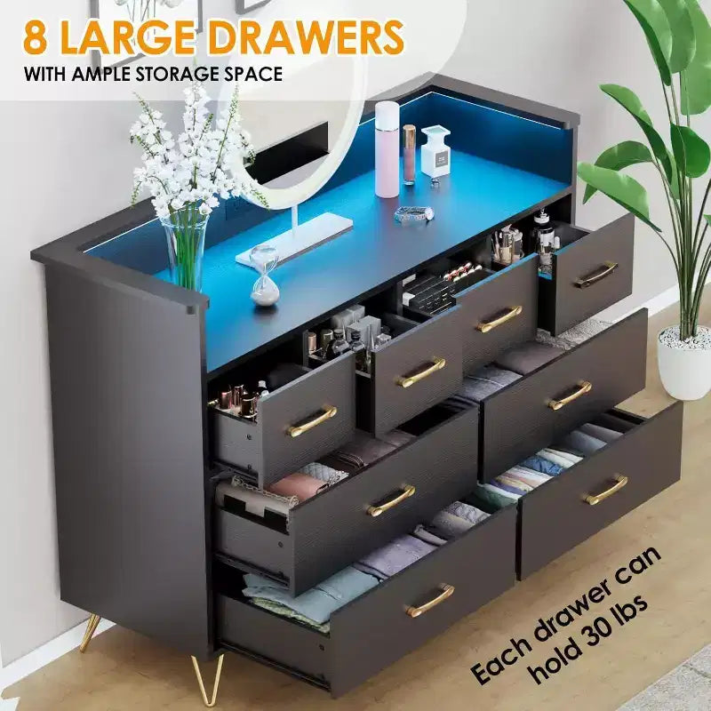 8-Drawer Dresser TV Stand with Charging Station - Black Storage Entertainment Center for Bedroom & Living Room 16
