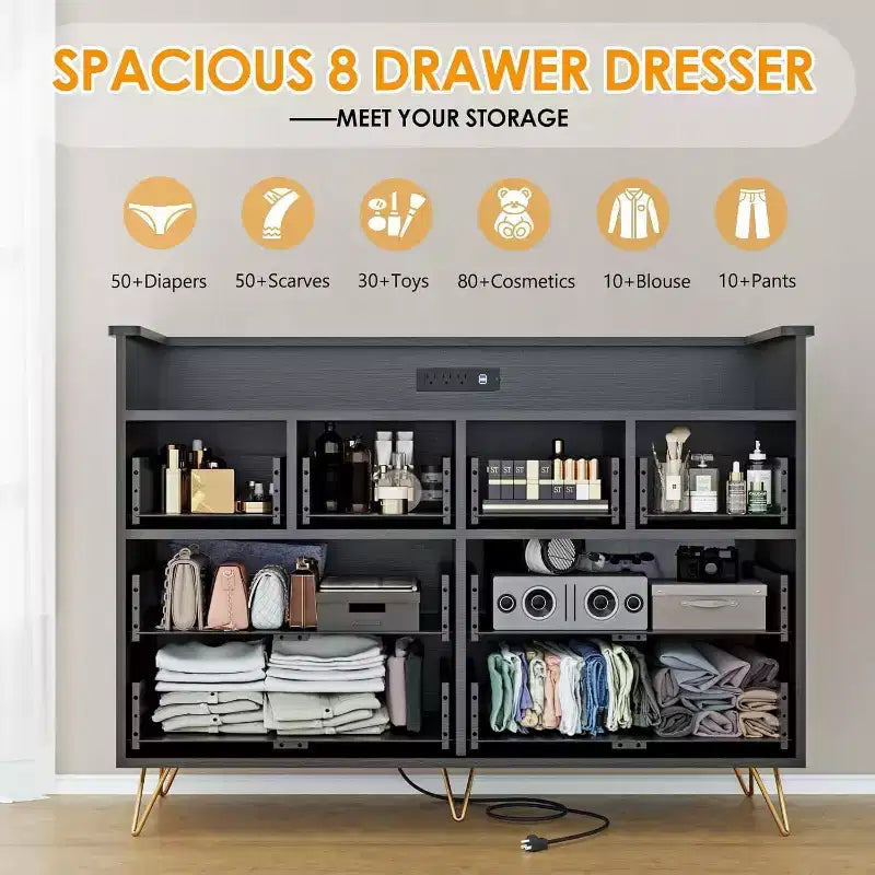 8-Drawer Dresser TV Stand with Charging Station - Black Storage Entertainment Center for Bedroom & Living Room 17