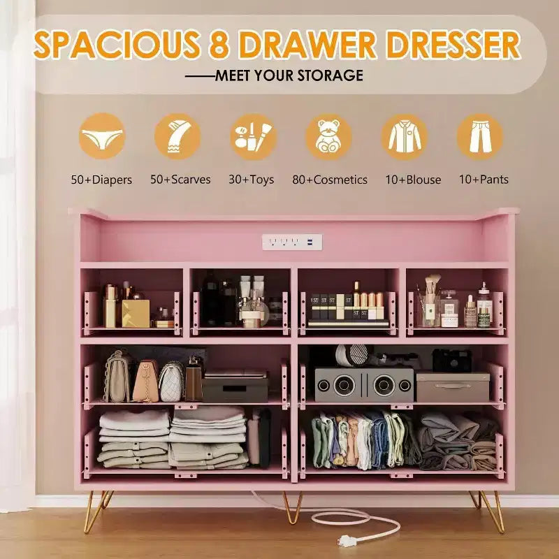 8-Drawer Dresser TV Stand with Charging Station - Black Storage Entertainment Center for Bedroom & Living Room 25