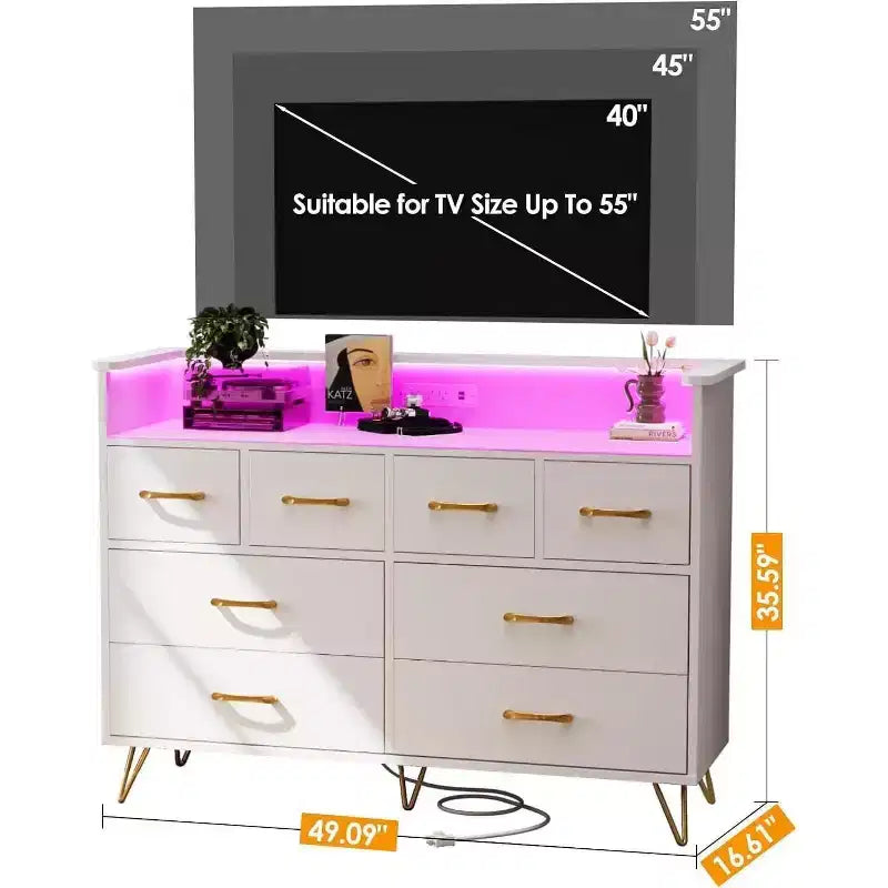 8-Drawer Dresser TV Stand with Charging Station - Black Storage Entertainment Center for Bedroom & Living Room 30