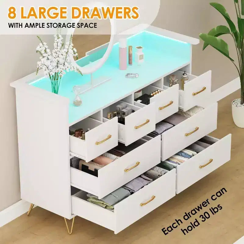 8-Drawer Dresser TV Stand with Charging Station - Black Storage Entertainment Center for Bedroom & Living Room 32