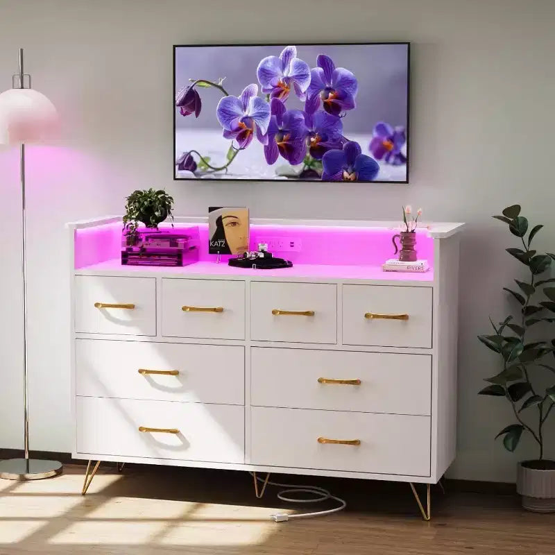 8-Drawer Dresser TV Stand with Charging Station - Black Storage Entertainment Center for Bedroom & Living Room 35
