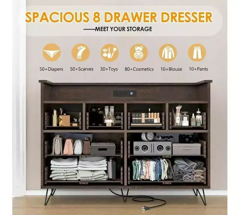 8-Drawer Dresser TV Stand with Charging Station - Black Storage Entertainment Center for Bedroom & Living Room 4
