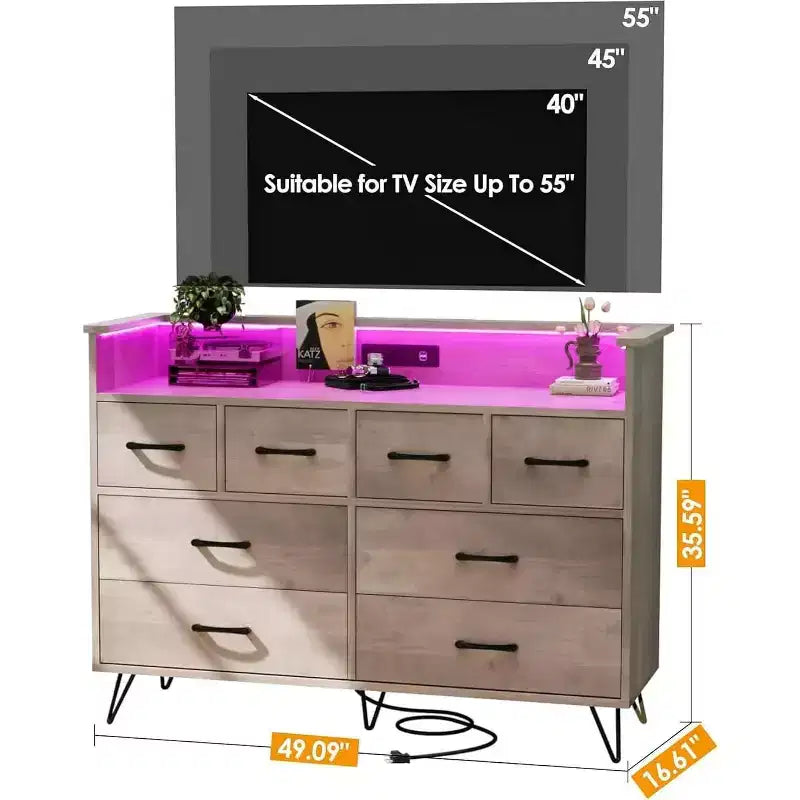 8-Drawer Dresser TV Stand with Charging Station - Black Storage Entertainment Center for Bedroom & Living Room 9