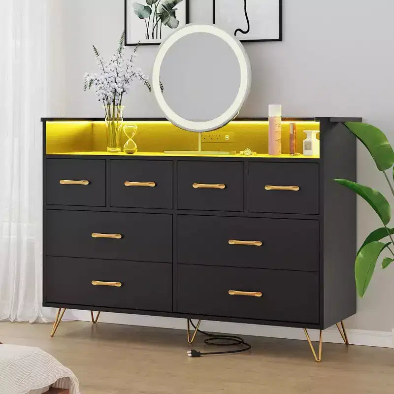 8-Drawer Dresser TV Stand with Charging Station - Black Storage Entertainment Center for Bedroom & Living Room 14