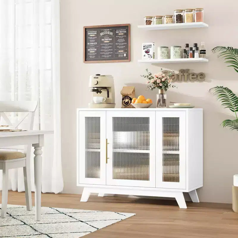 36 Modern Coffee Bar Cabinet - Buffet Sideboard with Fluted Glass Doors & Adjustable Shelves