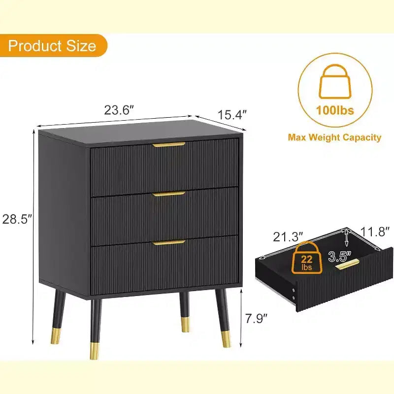 3-Drawer Modern Dresser - Wide Top Nightstand & Storage for Bedroom & Living Room