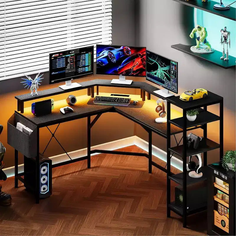 Acekool 62 L-Shaped Computer Desk with Power Outlets, LED Lights, Monitor Stand & Storage Shelves, Ergonomic Corner Desk for Home Office