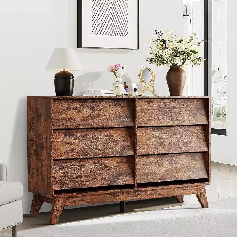 6 Drawer Dresser, Vintage Chest of Drawers with Bevel Design, Modern Dresser TV Stand for Bedroom, Living Room, Entryway and Closet 14