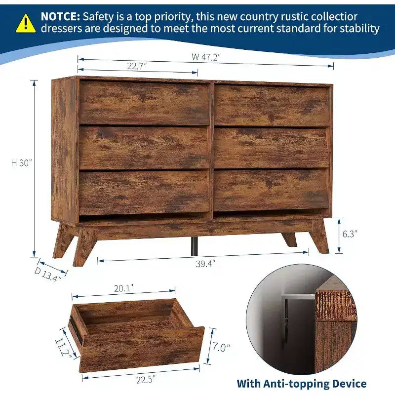6 Drawer Dresser, Vintage Chest of Drawers with Bevel Design, Modern Dresser TV Stand for Bedroom, Living Room, Entryway and Closet 9