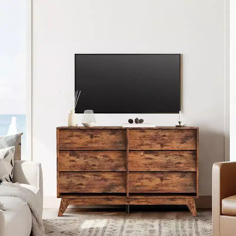 6 Drawer Dresser, Vintage Chest of Drawers with Bevel Design, Modern Dresser TV Stand for Bedroom, Living Room, Entryway and Closet 8