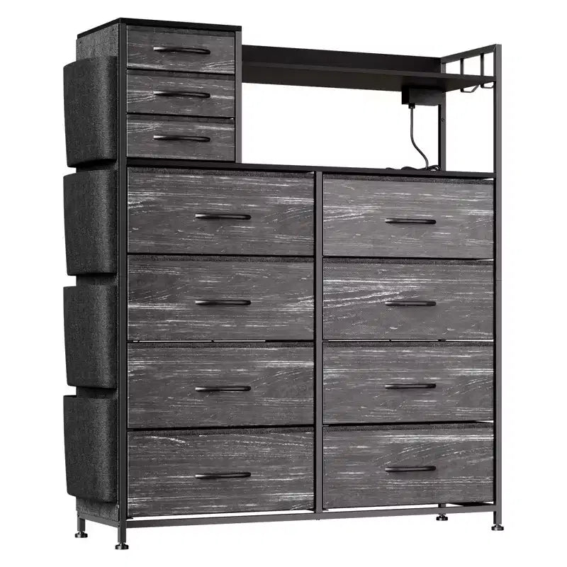 55 Storage Cabinet Dresser with 8+3 Fabric Drawers, 4 Side Pockets, LED Lights & Charging Station for Bedroom