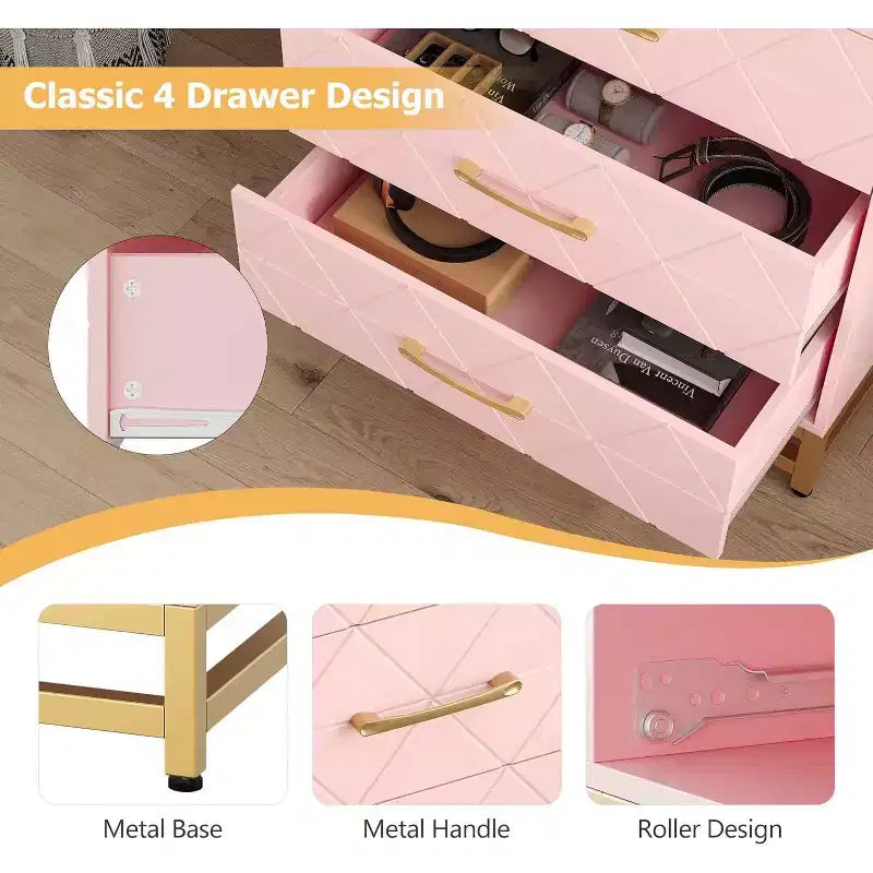 4 Drawer Dressers, Wood Dresser w/Golden Handles, Storage Chest Cabinet Organizer Unit, Chest of Drawers for Living Room, Closet, Hallway 12
