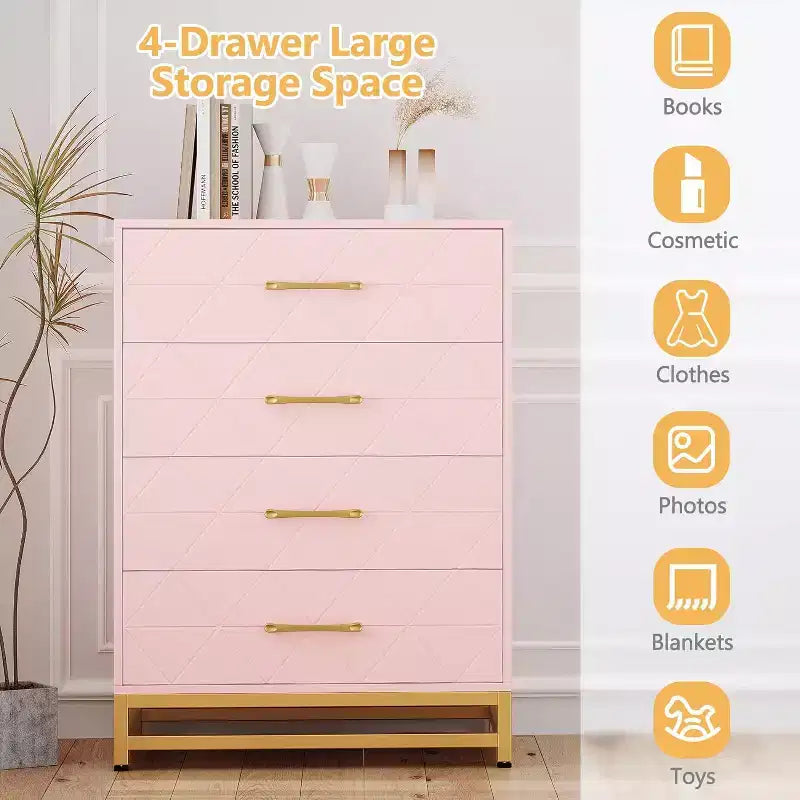 4 Drawer Dressers, Wood Dresser w/Golden Handles, Storage Chest Cabinet Organizer Unit, Chest of Drawers for Living Room, Closet, Hallway 14