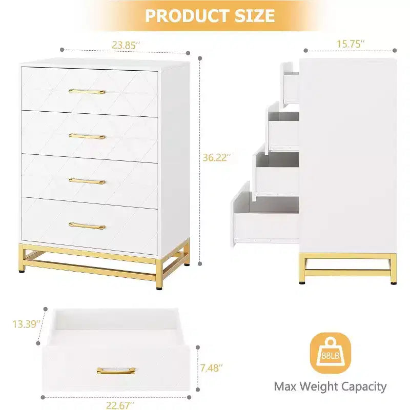 4 Drawer Dressers, Wood Dresser w/Golden Handles, Storage Chest Cabinet Organizer Unit, Chest of Drawers for Living Room, Closet, Hallway 18