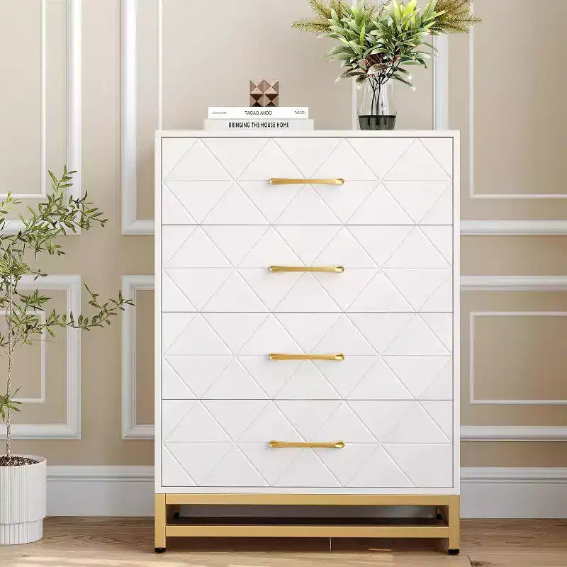 4 Drawer Dressers, Wood Dresser w/Golden Handles, Storage Chest Cabinet Organizer Unit, Chest of Drawers for Living Room, Closet, Hallway 19