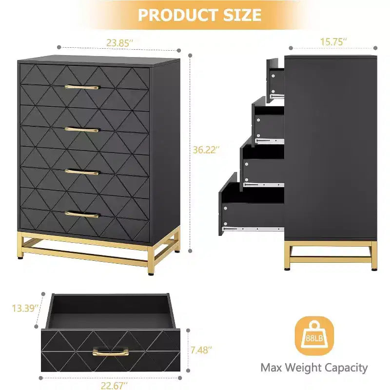 4 Drawer Dressers, Wood Dresser w/Golden Handles, Storage Chest Cabinet Organizer Unit, Chest of Drawers for Living Room, Closet, Hallway