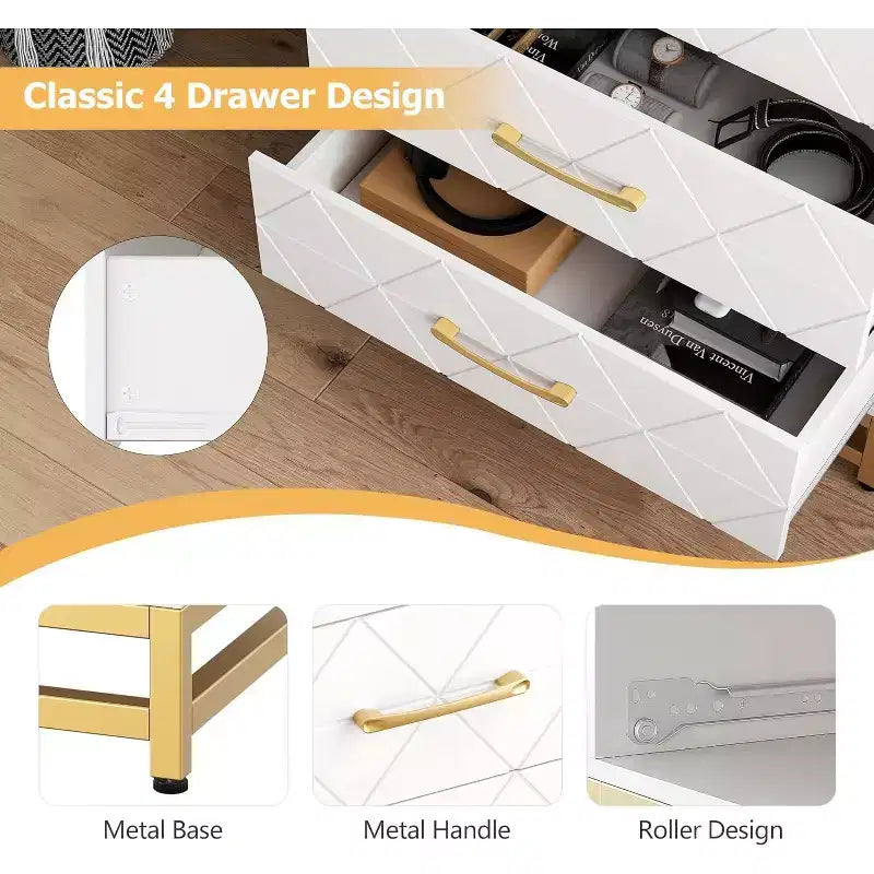4 Drawer Dressers, Wood Dresser w/Golden Handles, Storage Chest Cabinet Organizer Unit, Chest of Drawers for Living Room, Closet, Hallway 21