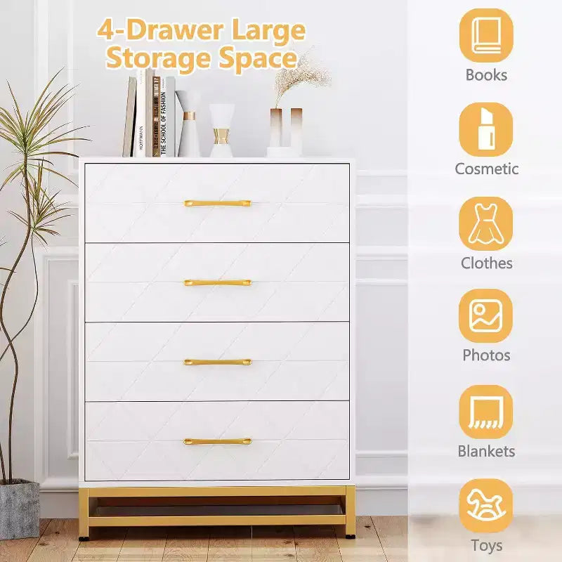 4 Drawer Dressers, Wood Dresser w/Golden Handles, Storage Chest Cabinet Organizer Unit, Chest of Drawers for Living Room, Closet, Hallway 23