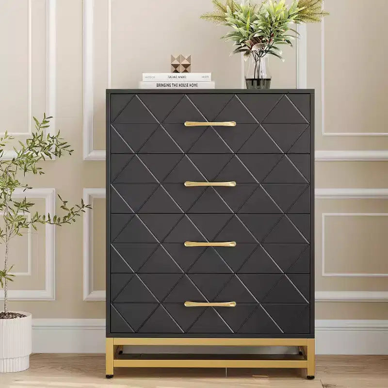 4 Drawer Dressers, Wood Dresser w/Golden Handles, Storage Chest Cabinet Organizer Unit, Chest of Drawers for Living Room, Closet, Hallway 3