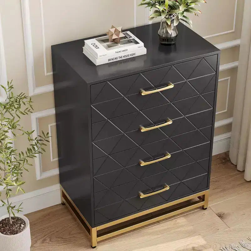 4 Drawer Dressers, Wood Dresser w/Golden Handles, Storage Chest Cabinet Organizer Unit, Chest of Drawers for Living Room, Closet, Hallway 4