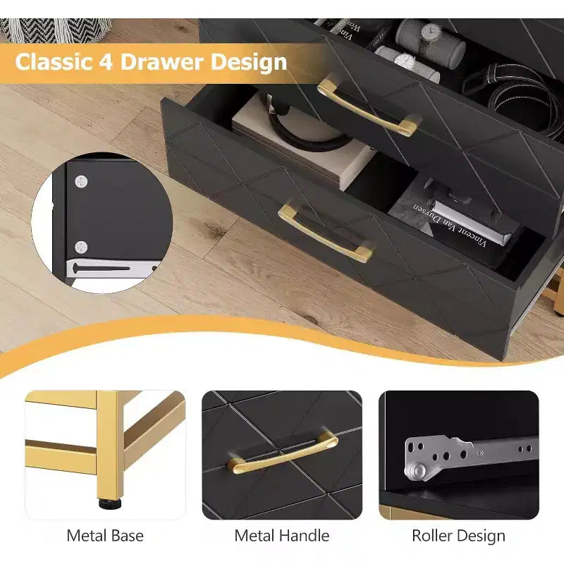 4 Drawer Dressers, Wood Dresser w/Golden Handles, Storage Chest Cabinet Organizer Unit, Chest of Drawers for Living Room, Closet, Hallway 5