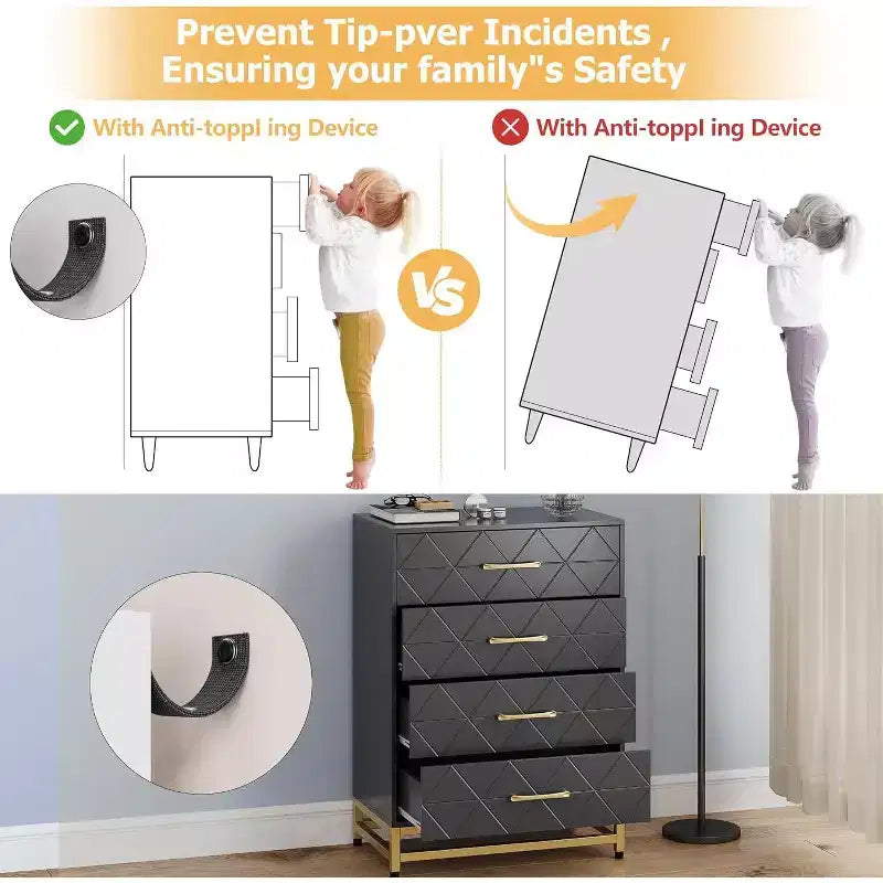 4 Drawer Dressers, Wood Dresser w/Golden Handles, Storage Chest Cabinet Organizer Unit, Chest of Drawers for Living Room, Closet, Hallway 6
