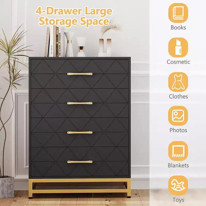 4 Drawer Dressers, Wood Dresser w/Golden Handles, Storage Chest Cabinet Organizer Unit, Chest of Drawers for Living Room, Closet, Hallway 7