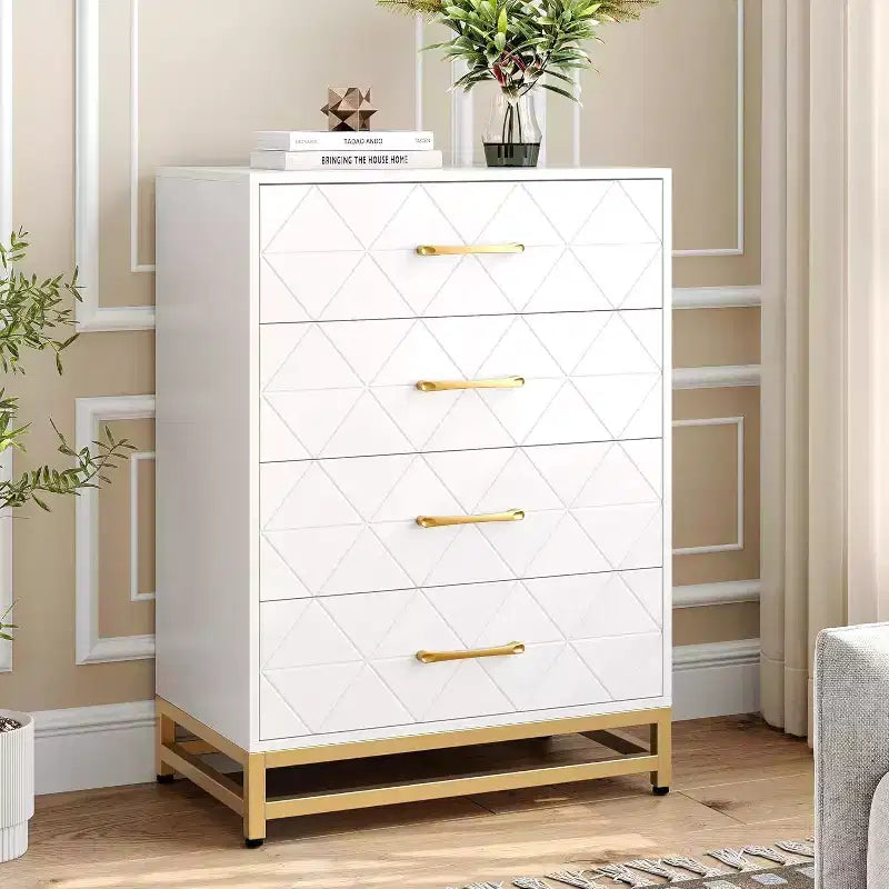 4 Drawer Dressers, Wood Dresser w/Golden Handles, Storage Chest Cabinet Organizer Unit, Chest of Drawers for Living Room, Closet, Hallway 17