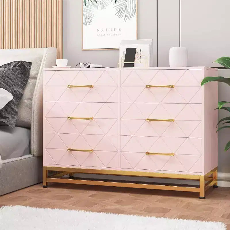 6 Drawer Dresser for Bedroom, Wooden Double Dresser with Gold Handles, Modern Chest Dresser with Deep Drawers for Living Room, Hallway 10