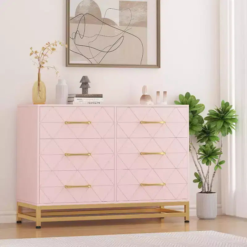 6 Drawer Dresser for Bedroom, Wooden Double Dresser with Gold Handles, Modern Chest Dresser with Deep Drawers for Living Room, Hallway 12