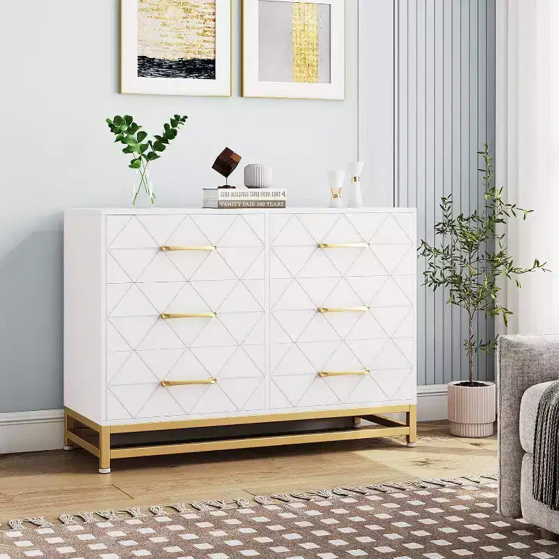 6 Drawer Dresser for Bedroom, Wooden Double Dresser with Gold Handles, Modern Chest Dresser with Deep Drawers for Living Room, Hallway 17