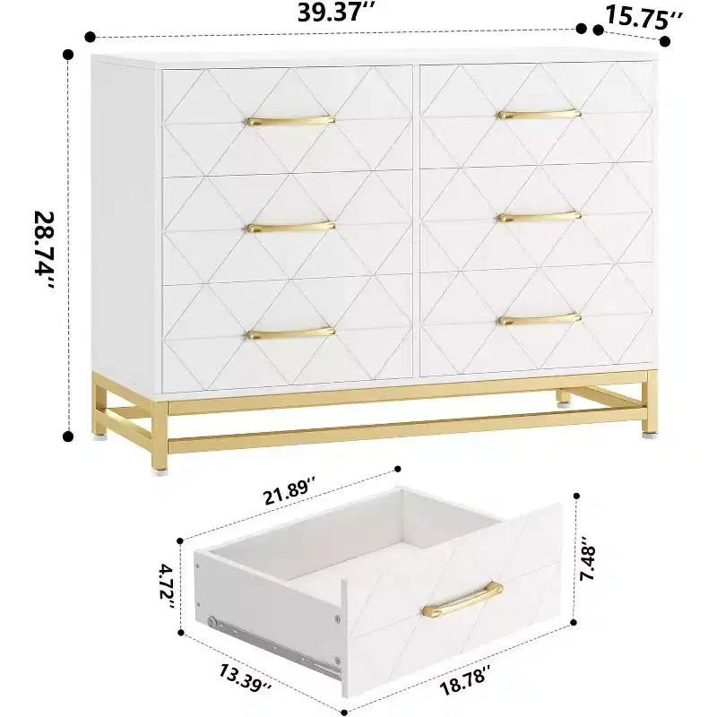 6 Drawer Dresser for Bedroom, Wooden Double Dresser with Gold Handles, Modern Chest Dresser with Deep Drawers for Living Room, Hallway 18