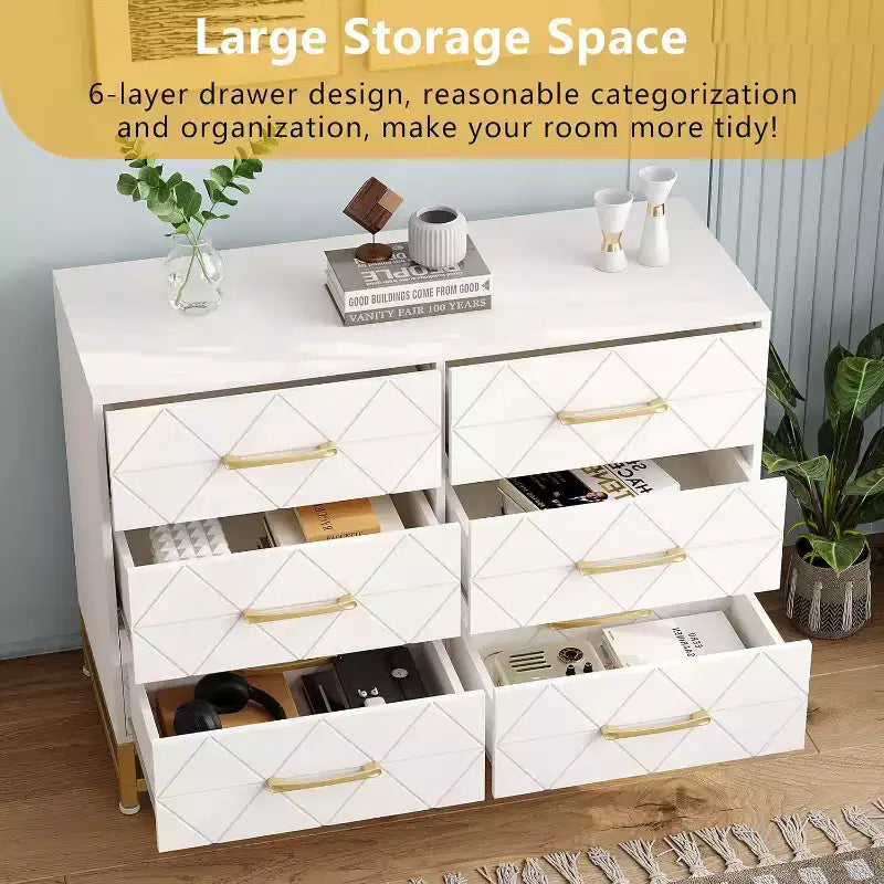 6 Drawer Dresser for Bedroom, Wooden Double Dresser with Gold Handles, Modern Chest Dresser with Deep Drawers for Living Room, Hallway 19