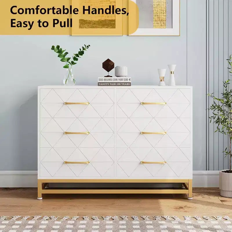6 Drawer Dresser for Bedroom, Wooden Double Dresser with Gold Handles, Modern Chest Dresser with Deep Drawers for Living Room, Hallway 20