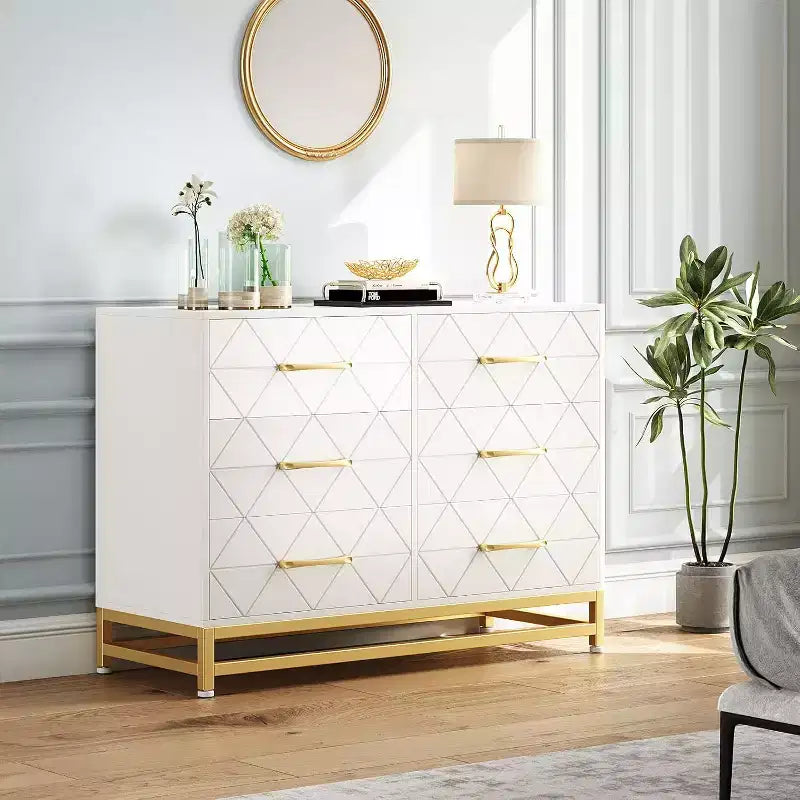 6 Drawer Dresser for Bedroom, Wooden Double Dresser with Gold Handles, Modern Chest Dresser with Deep Drawers for Living Room, Hallway 21