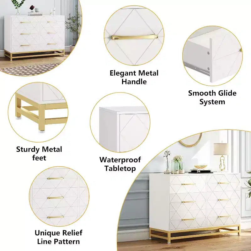 6 Drawer Dresser for Bedroom, Wooden Double Dresser with Gold Handles, Modern Chest Dresser with Deep Drawers for Living Room, Hallway 22