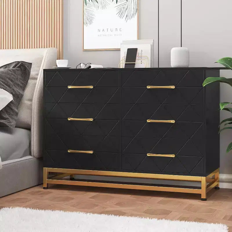 6 Drawer Dresser for Bedroom, Wooden Double Dresser with Gold Handles, Modern Chest Dresser with Deep Drawers for Living Room, Hallway 4