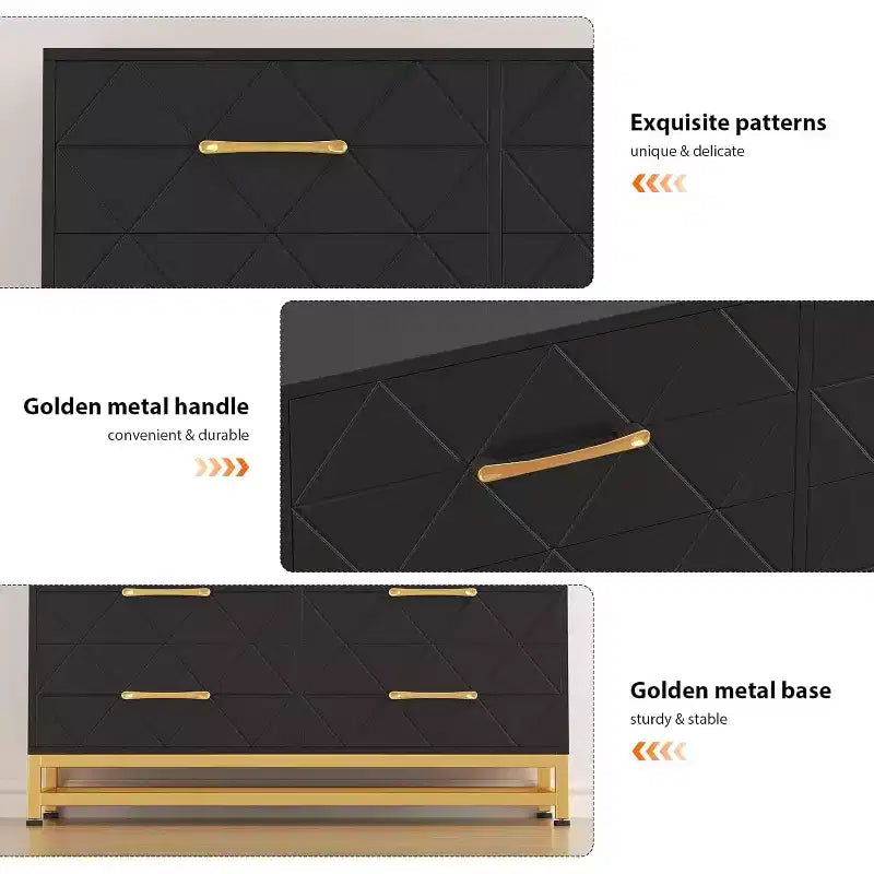 6 Drawer Dresser for Bedroom, Wooden Double Dresser with Gold Handles, Modern Chest Dresser with Deep Drawers for Living Room, Hallway 5